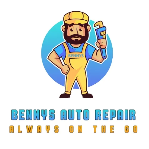 Cartoon man in a yellow jumpsuit holding a wrench, logo of Bennys Auto Repair